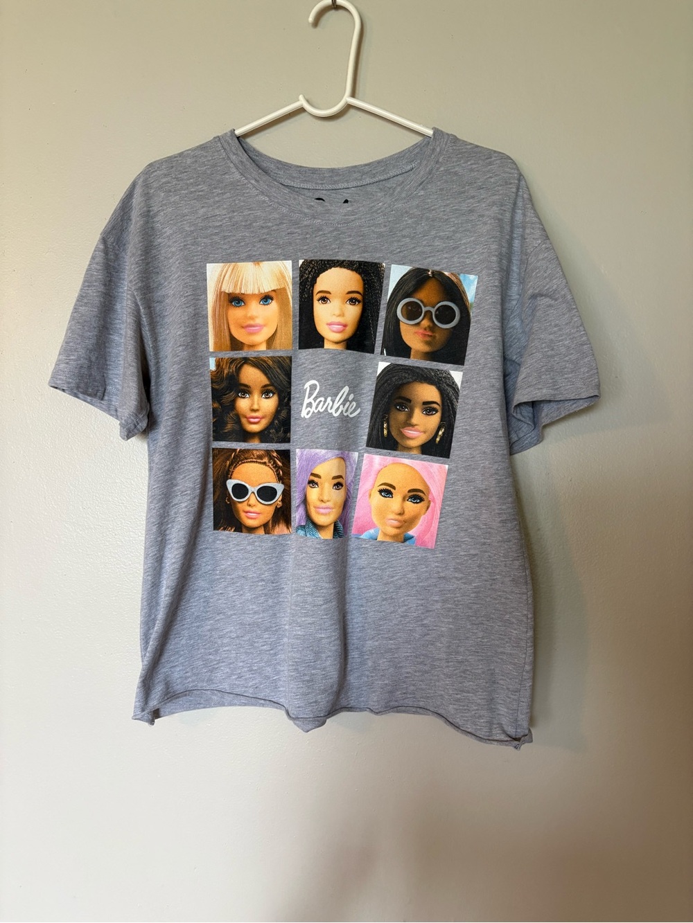 Barbie Gray Graphic Short Sleeve Tee with Multicolor Doll Faces